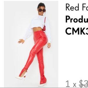 High waist red faux leather split hem pants